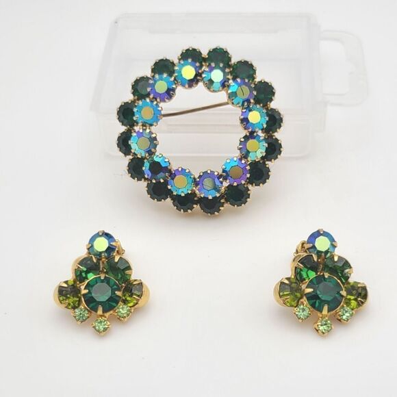 Gorgeous Vintage Austrian Green AB Rhinestone Brooch Pin an Earrings Set, - Picture 2 of 7